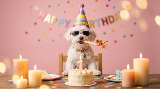 A cute white puppy wearing a colorful party hat and sunglasses celebrating a birthday with cake and candles