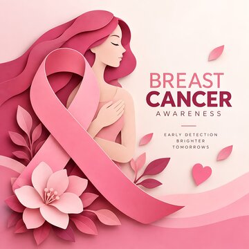 Breast cancer awareness concept with paper art woman silhouette and pink ribbon awareness survival campaign feminine prevention detection wellness