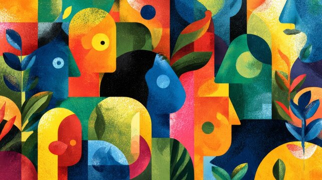 Colorful abstract figurative shapes representing diversity, inclusion, gender equality, empowerment, social harmony, community connection, sustainable development, equal opportunities, and global prog