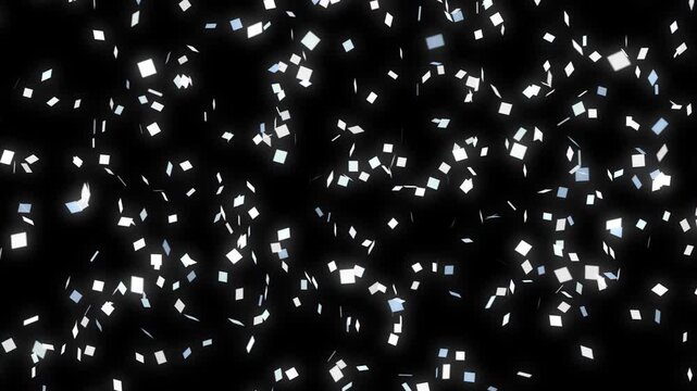 Wide field of small white squares breaking out of a grid and returning to order on black background. Seamless loop background and overlay with alpha channel for tech, data and presentation visuals.