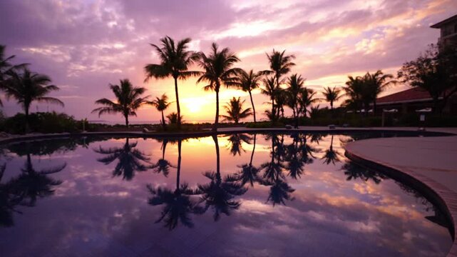 沖縄の南国リゾートのプールに反射する夕暮れ時のヤシの木のシルエットと美しい夕焼け空