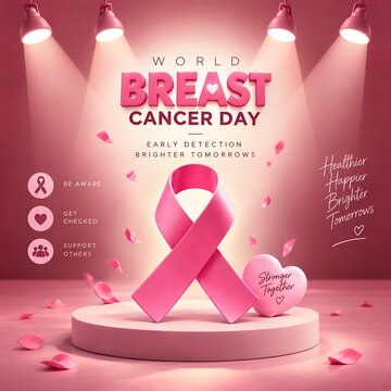 World breast cancer day awareness poster with pink ribbon and heart on podium under spotlights awareness spotlights survivor campaign prevention research