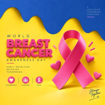 World breast cancer awareness day concept with pink ribbon and hearts on yellow and blue backdrop awareness survival campaign prevention detection