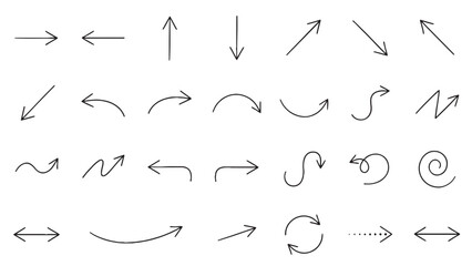 Thin pen sketch arrow set for minimal infographic and editorial design covering wavy, curved, looping, spiral and directional navigation pointers in fine line style © Abdul