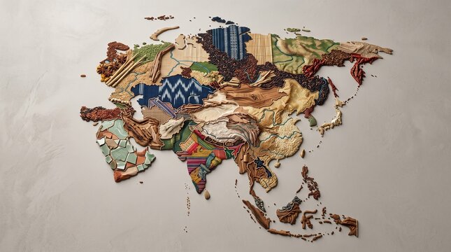 Artistic Ethnic Textile Pattern Map of Asia Continent Culture Concept