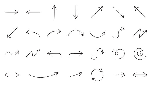 Thin pen sketch arrow set for minimal infographic and editorial design covering wavy, curved, looping, spiral and directional navigation pointers in fine line style