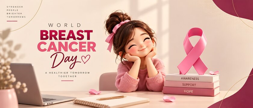 World breast cancer day cartoon girl working at desk with laptop and pink awareness ribbon awareness survivor campaign prevention research solidarity