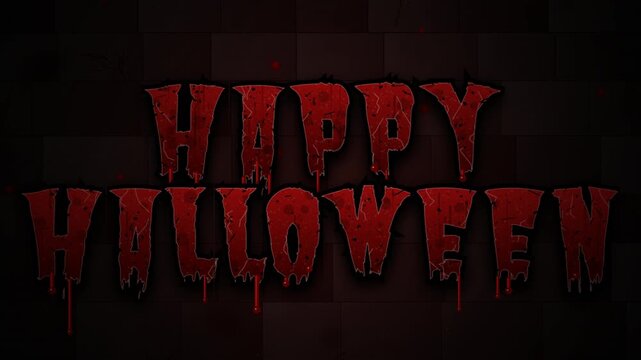 Spooky Happy Halloween typography design with dripping red blood effect on dark brick texture background
