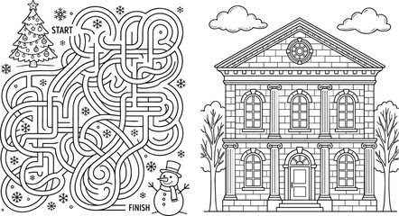 Fototapeta premium Winter maze game puzzle worksheet with snowman christmas tree and classical building architecture coloring page vector