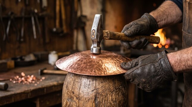 Blacksmith shaping copper metal plate. Craftsman hammering raw material in workshop
