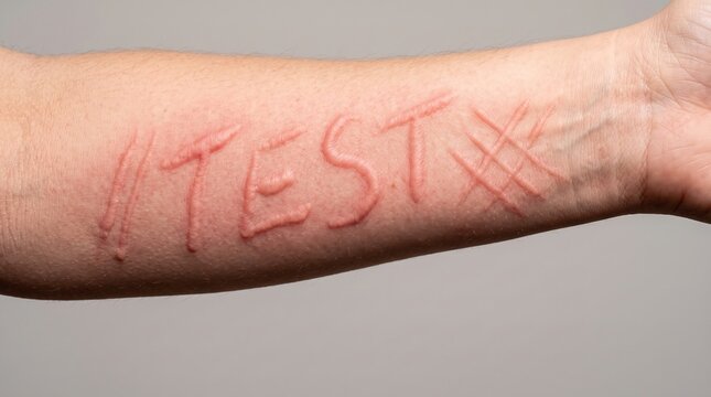 Dermatographia skin writing test showing raised erythematous wheals spelling word test on arm