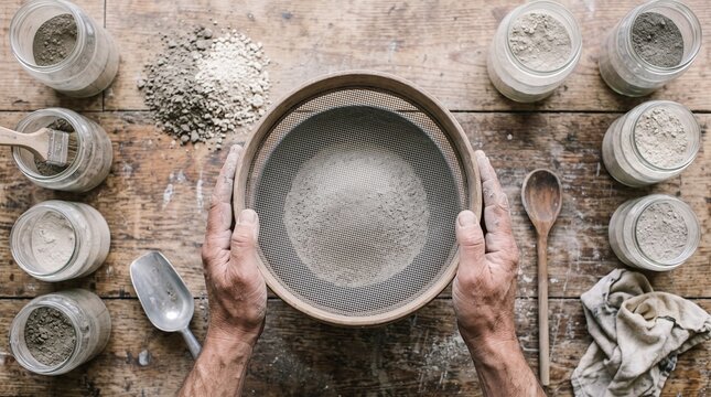 Herbal powder sifting process concept photo. Hands holding wooden sieve over wooden table