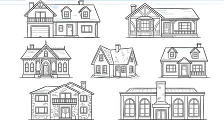 Obraz premium Hand drawn architectural houses sketches vector set showing different residential buildings property exteriors and cottage drawings