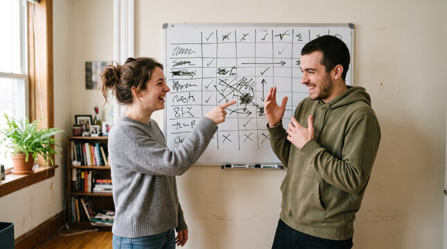 Young man and woman standing in front of a whiteboard filled with diagrams and tasks, gesturing and laughing. Creative collaboration at home.