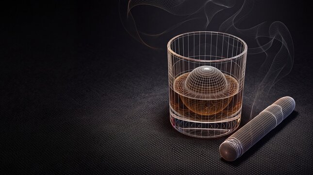 Wireframe digital art of whiskey glass and cigar on dark background