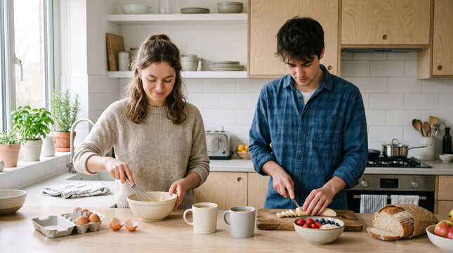 Young man and woman cooking together at a kitchen counter, chopping vegetables and mixing ingredients in a bowl. Shared domestic cooking.