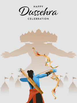 Dussehra Festival Greeting Poster Featuring Lord Rama Shooting a Bow and Arrow Toward Ravana Silhouette with Traditional Indian Temple and Landscape Elements, Editable Vector Illustration