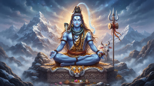 Shiva lord meditating in the majestic himalayan mountains