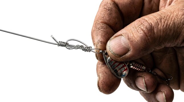 Close up of dirty weathered hands tying a knot on metal lure gear