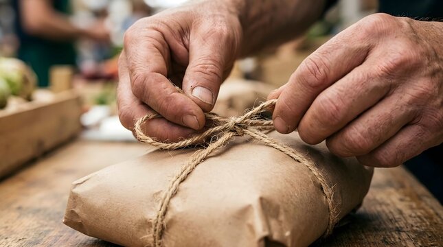 Close up of artisan hands tying natural twine around brown paper package