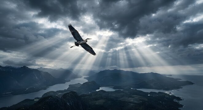 A majestic grey heron flying through dramatic sunbeams breaking through dark storm clouds above a mountainous landscape with sunbeams