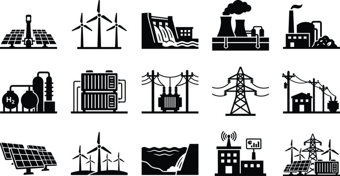 Set of black energy and power industry icons on white background