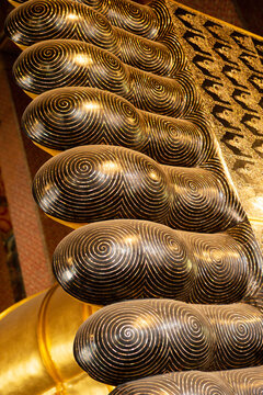 Close up of the soles of the Reclining Buddha giant feet with mother of pearl inlay at Wat Pho, Bangkok