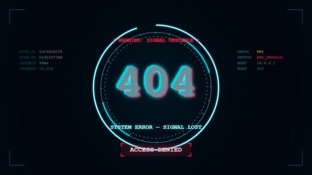 Futuristic 404 system error interface featuring a glowing cyan holographic number, circular diagnostic scanner, progress arc, technical HUD panels, warning indicators, signal loss message, access deni