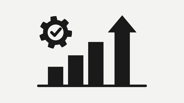 Minimal corporate business growth animation featuring an ascending bar chart, upward growth arrow, rotating mechanical gear, and success checkmark. Clean monochrome design on a light neutral backgroun