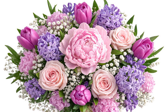 Beautiful bouquet of pink roses peonies tulips and hyacinths with greenery