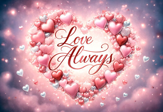 Beautiful heart shape made of shiny pink and red hearts with love always text perfect for romance
