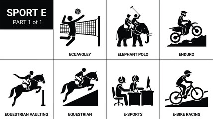 Stick figure sports athletes icons set featuring ecuavoley elephant polo enduro motocross equestrian vaulting and esports vector © Bappi