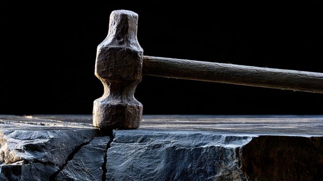 oldfashioned. An old iron hammer poised to strike the cracked edge of a stone slab. safety posters, maintenance manuals, designed for industrial assembly lines and welding operations.
