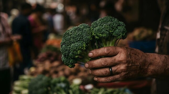 Hand holding fresh green broccoli at a traditional outdoor produce market