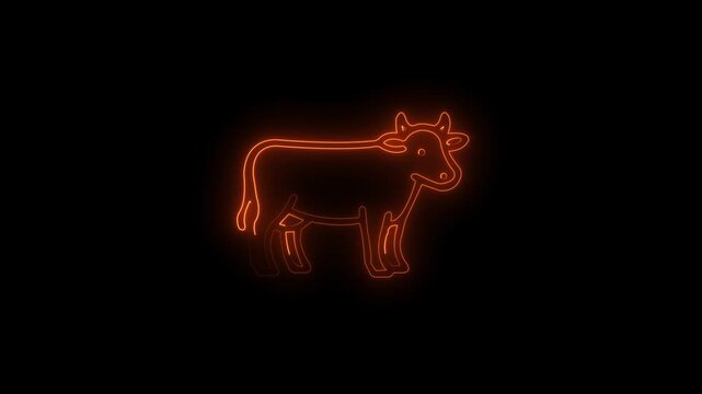 Neon cow outline animation on black background 4k video animation 
