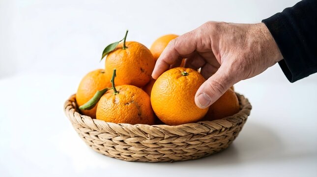 Hand picking a fresh ripe citrus fruit from woven wooden basket