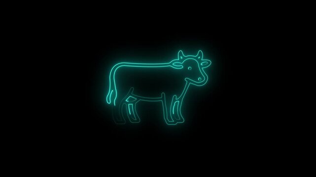 Neon cow outline animation on black background 4k video animation 