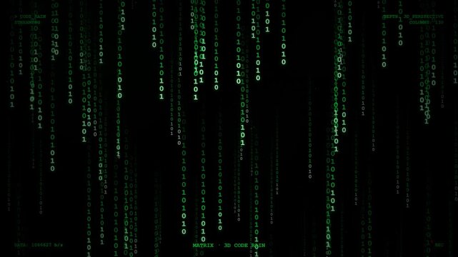 Futuristic 3D binary code rain streaming through a dark digital environment with a classic CRT power-on effect, glowing green terminal characters, data depth, subtle HUD interface, scanlines, and cont