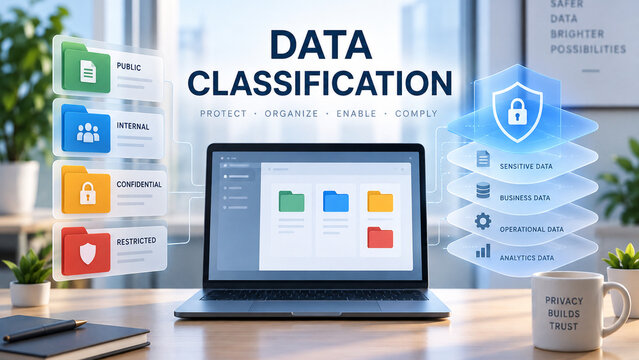 A laptop displays color-coded folders beside data classification labels and a glowing security shield in a bright office, illustrating information protection and organization.