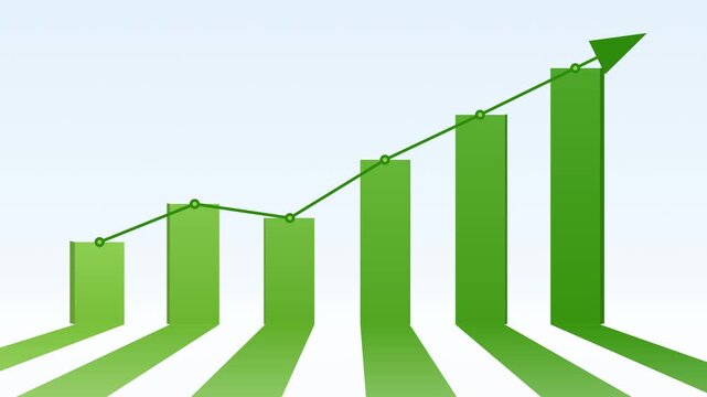 Green growth chart with bars rising and trend arrow going up, business bar graph animation on light blue background