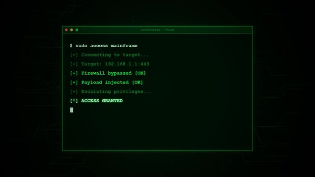 Cinematic hacker terminal animation featuring green CRT-style command typing, digital circuit background, system connection messages, firewall status, payload execution, privilege escalation, and an A