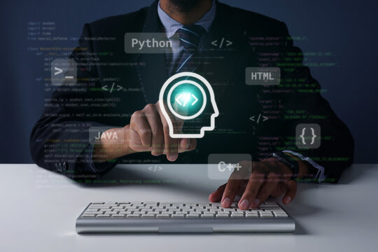 Businessman Touching Holographic Brain Icon on Digital Interface with Code while Using Keyboard