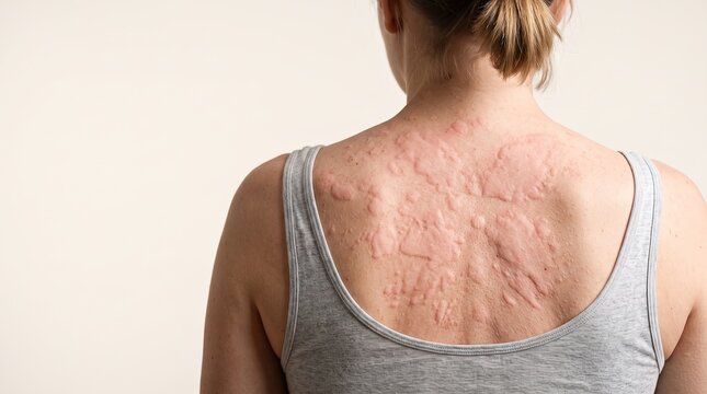 Rear view of woman back displaying acute allergic urticaria hives with widespread red raised wheals
