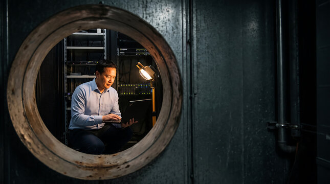 Skilled technician maintaining an old data center, ensuring reliable news and advertising operations through a circular frame.