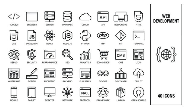 Web development icon set for coding and software engineering on white background.