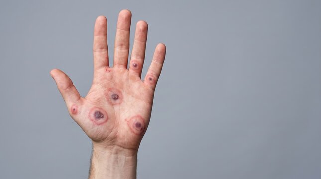 Open human palm exhibiting characteristic target like bullseye lesions of erythema multiforme