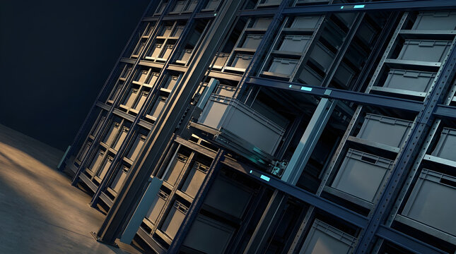 Smart warehouse interior with automated robotic shuttle and steel storage racks, diagonal industrial composition with copy space for logistics and manufacturing projects