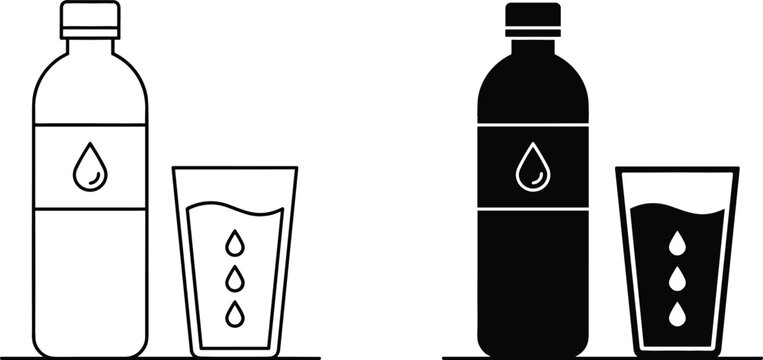 Plastic water bottle and filled glass with drops set in black solid silhouette and outline vector linear style