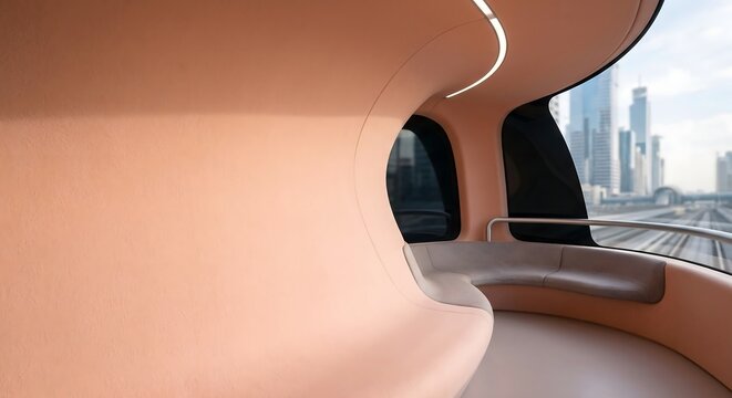 Minimalist background of a massive autonomous pod interior shell in matte pastel peach