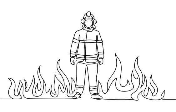 Continuous single line drawing of a brave firefighter standing in front of fire flames